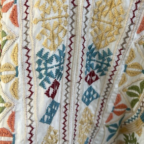 JOHNNY WAS Sz S Embroidered Silk Kaftan White Shift Midi Dress Oversized Boho - Picture 5 of 7